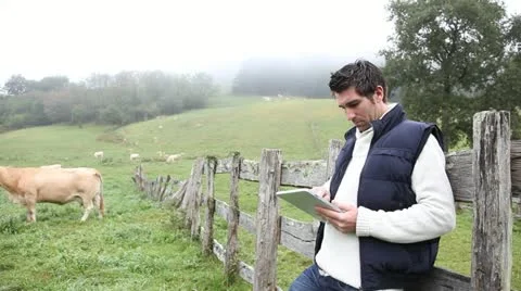Breeder using electronic tablet in field Stock Footage 14830062