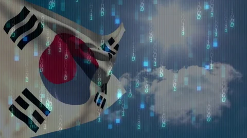 Breeze causing South Korean flag unfurling, rippling as binary code falling, 스톡 동영상 311677754