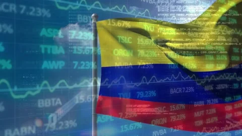 Breeze picking up, yellow-blue-red flag rippling while market tickers shifting, Stock Footage 329472109