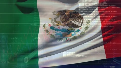 Breeze-triggered Mexican flag waving as digital HUD elements sliding to Stock Footage 329533432
