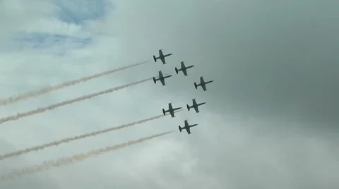 Breitling L-39 jet team does a slow pass in the diamond formation Stock Footage 51404835