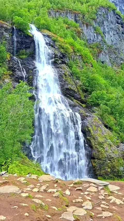 Brekkefossen waterfall plummets down a mountainside near Flam Video stock 311954907