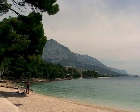 Brela, Croatia Punta Rata beach. View to resort Brela Stock Footage 105668812