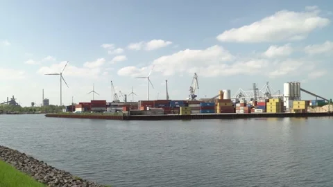 Bremen, 4k pan of container terminal Industrial Harbor Stock Footage 194661916