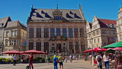 Bremen, Germany - 19.08.2025: Market Square, Town Hall, Ronalds Cathedral and St Stock Footage 320843191
