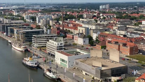 Bremerhaven city high angle overview from Sail City platform Stock Footage 296072400