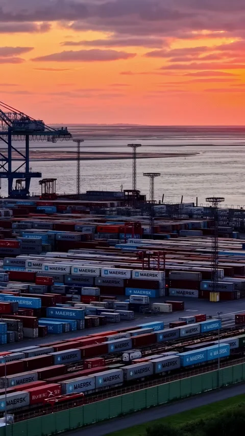 Bremerhaven Eurogate Container Terminal at Sunset with Maersk Containers and Stock Footage 346575441