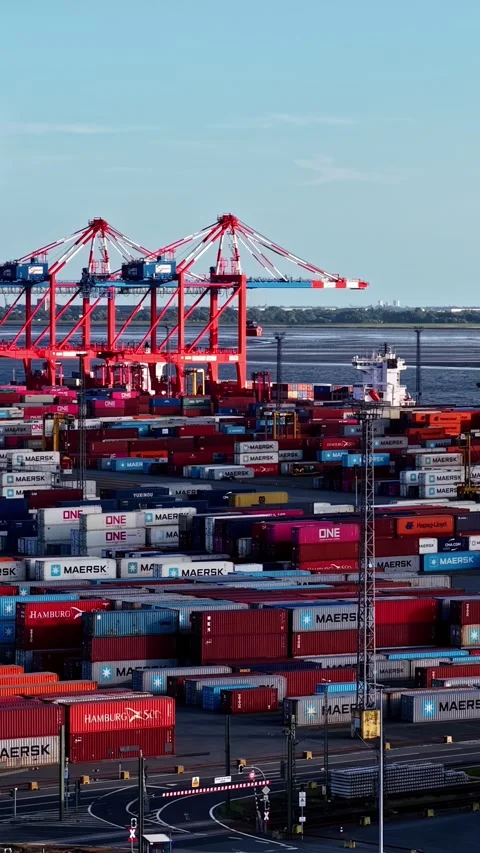 Bremerhaven Eurogate Container Terminal Time Lapse with Red Gantry Cranes and Stock Footage 346575690