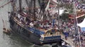 Bremerhaven harbor aerial view tourists antique sail ship zoom out HD Footage