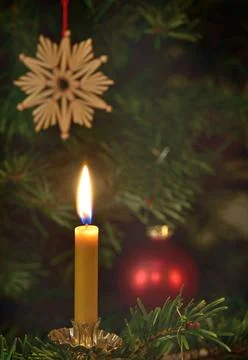 Brennende Kerze am Weihnachtsbaum burning candle at a Chritmas tree BLWS68... Stock Photos