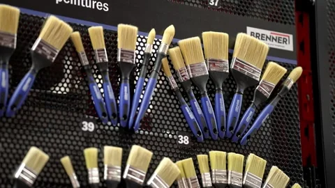 Brenner Paint Brushes Range Displayed on Black Perforated Retail Panel DIY Stock Footage 332742869