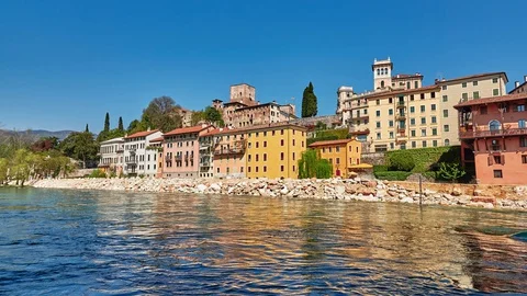 Brenta River and ancient stone buildings in Bassano del Grappa, Vicenza provi Stock Footage 127788716