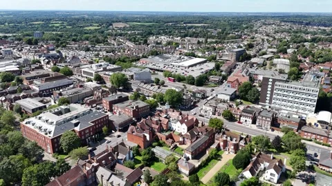Brentwood town centre establishing pull back drone aerial reverse reveal Stock Footage 346421605