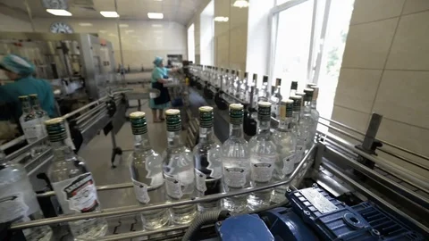 Brest Distillery. The conveyor with bottles of vodka. Stock Footage 82263289