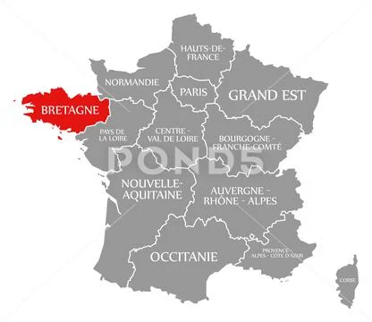 Bretagne red highlighted in map of France ~ Clip Art #130554019