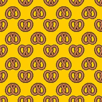 Bretzel pixel art pattern seamless. 8 bit german bakery food pixelated back.. Illustrazione stock