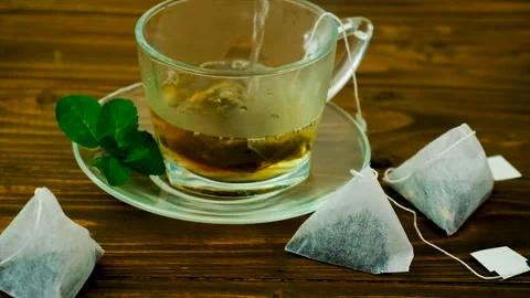 Brew tea in a bag. Selective focus. Stock Footage 198530220