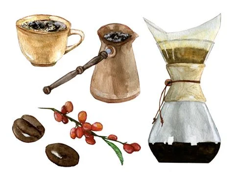 Brewed coffee and beans set Stock Illustration