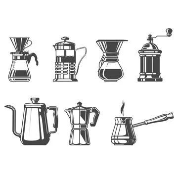 Brewed coffee and tea tableware,  french press, cezve, kettle and moka pot, Stock-Illustration