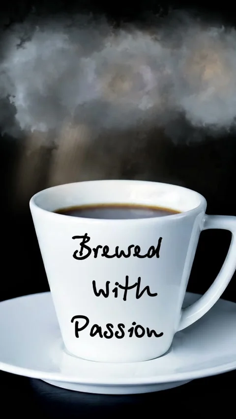 Brewed with Passion Coffee Cup With Steam Cloud Sun Rays And Inspirational .. Stock Footage 337738444