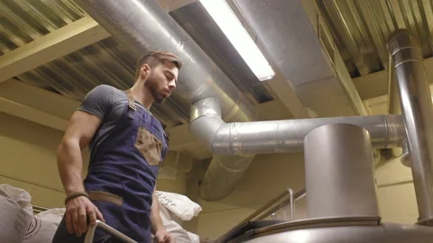 The brewer on the background of beer tanks makes calculations Stock-Footage 100525343