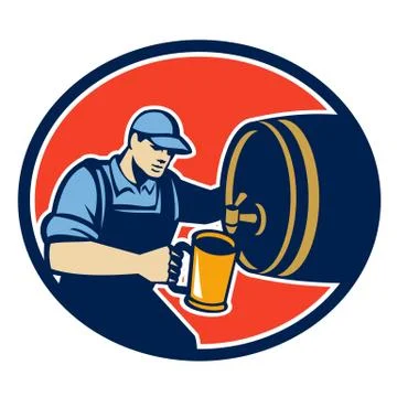 Brewer bartender pour beer pitcher barrel retro. Stock Illustration