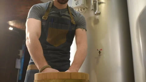 Brewer with malt on the background of the brewery Stock-Footage 100526345