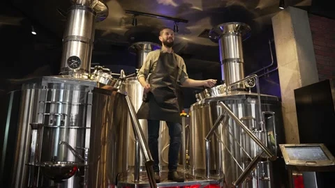 Brewer is satisfied with the result of his work and dances workshop where beer Stock Footage 220067111