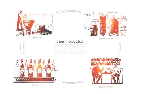 Brewery, ale fermentation process, beverage bottling and delivery, brewer wit Stock Illustration