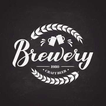 Brewery calligraphy hand on chalkboard background. Brewing company round embl Stock Illustration