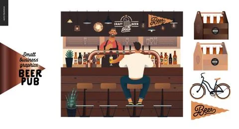 Brewery, craft beer pub - small business graphics - a male visitorat the bar Illustrazione stock