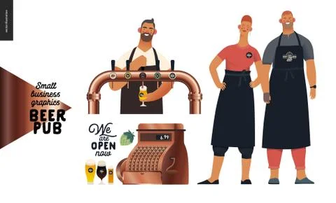 Brewery, craft beer pub - small business graphics - bartender, pub owners Stock Illustration