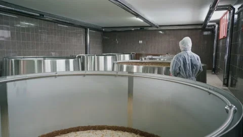 A brewery employee controls the process of brewing beer in a huge steel tanks in Vidéo 237198664