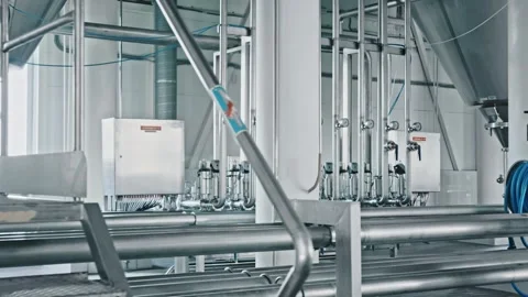 Brewery fermentation tanks and pipes in modern beer factory Stock Footage 311337754