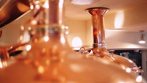 Brewery, interior of the brewery in restaurant, capacity beer production. Stock Footage
