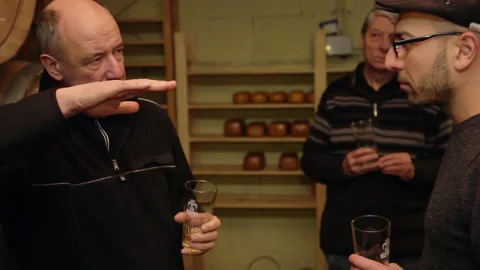 Brewery Owner Gesturing and Talking with Beer Specialists in Cellar Moving Shot Видео 347211687