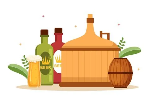 Brewery Production Process with Beer Tank and Bottle Full of Alcohol Drink fo Illustrazione stock