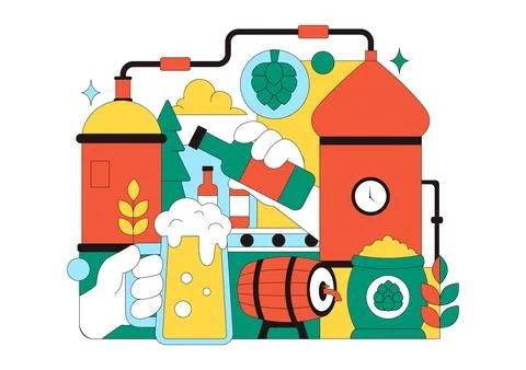 Brewery Production Process Vector Illustration Featuring Beer Tanks And Bot.. Illustrazione stock