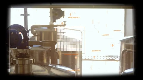 Brewery tank undergoing automated AR inspection, scan initiating grid and amber Stock Footage 331833282