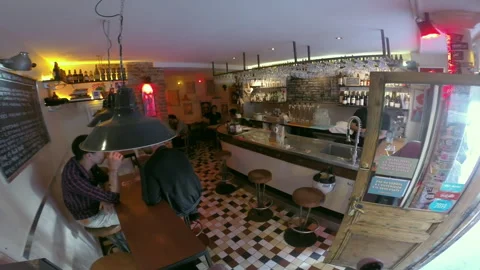 Brewery Taproom Interior Wide Angle Shot with Bartender and Patrons at Counter Видео 346294526