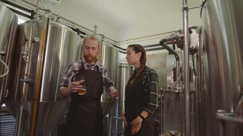 Brewery workers looking at freshly made beer in glass tube and discussing it Stock Footage 115915960