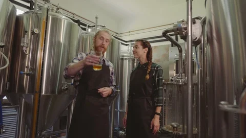 Brewery workers looking at freshly made beer in glass tube and discussing it Stock Footage 115916017