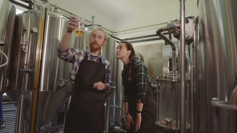 Brewery workers looking at freshly made beer in glass tube and discussing it Stock Footage 115916230