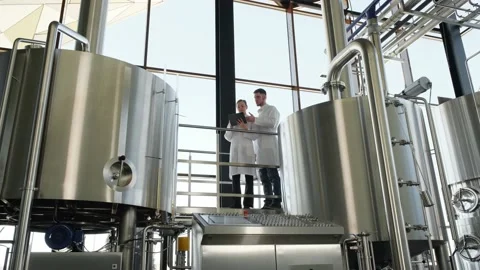 Brewery workers stand between barrels Vidéo 175796559