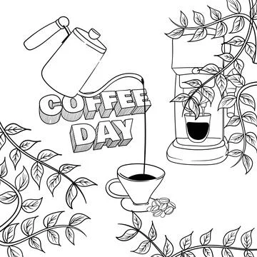 Brewing coffee into a cup with coffee beans design. background with leaves .. Stock Illustration