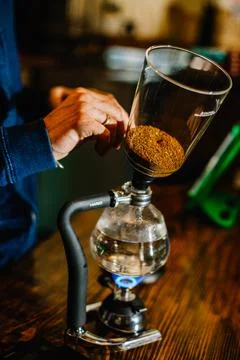 Brewing coffee siphon. step by step cooking instructions. coffee is ready. .. Stock Photos
