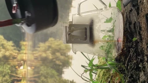 Brewing drip coffee bag outdoors near lake. Camping kettle. vertical video Stock Footage 207433100
