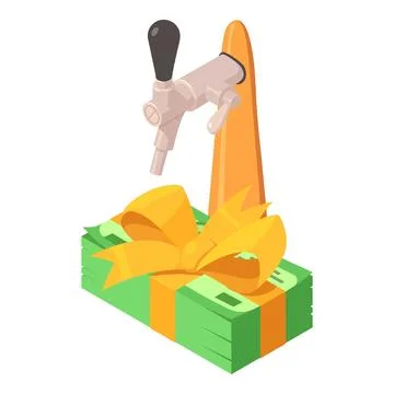 Brewing icon isometric vector. Metal beer tap and dollar bill stack with ribbon Illustration
