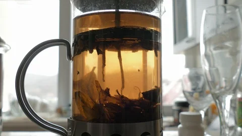 Brewing large-leaf tea in glass jug Stock Footage 124542281