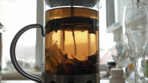 Brewing large-leaf tea in glass jug Stock Footage 124542534